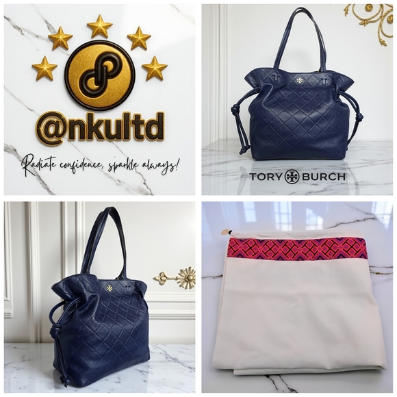 Tory Burch Georgia Quilted Leather Tote Navy Blue Slouchy Golden Hardware - Picture 3 of 17